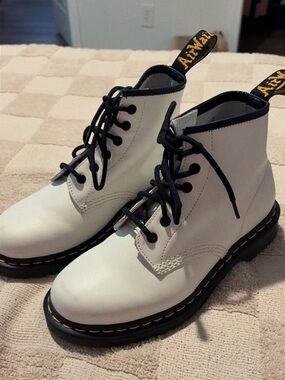 Dr. Martens White Leather 8-Eye Lace-Up Boots with Black Trim